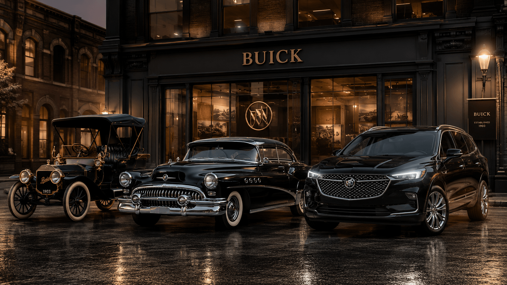 Autos Buick clásicos frente a una agencia histórica con estilo premium